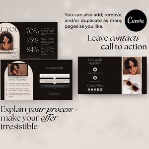 May include: A black and white presentation slide with the text "Are you still wondering?" and "How it works" with a list of three steps. The slide also includes the text "The process" and "Let's work together".