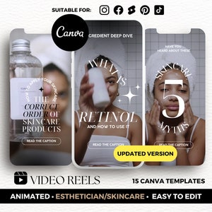 Skincare Video Reel Templates Canva, Esthetician Reel Covers, Canva Instagram Video, Dermatologist Reel Templates, Cosmetics Reel Designs IG