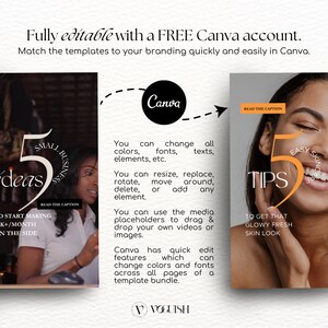 May include: Two colourful graphic designs with the text "5 ideas" and "5 tips" in a circle. The first design features a woman in a business setting. The second design features a woman with a glowing complexion. Both designs have the text "Read the caption" at the top.