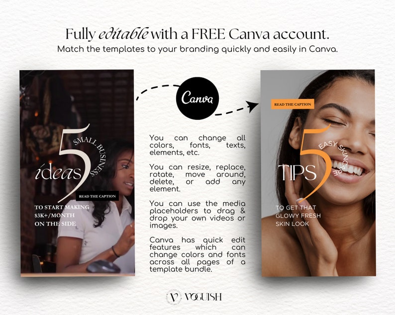 May include: Two colourful graphic designs with the text "5 ideas" and "5 tips" in a circle. The first design features a woman in a business setting. The second design features a woman with a glowing complexion. Both designs have the text "Read the caption" at the top.