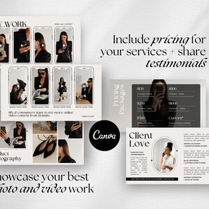 Op de afbeelding: Een Canva-sjabloon voor een social media-post om fotografie- en videografie-diensten te promoten. Het sjabloon heeft een zwart-wit kleurenschema met een modern ontwerp. De tekst op het sjabloon omvat "Mijn werk", "Productfotografie", "Toon je beste foto- en videowerk", "Prijspakketten", "Klantliefde" en getuigenissen van tevreden klanten.