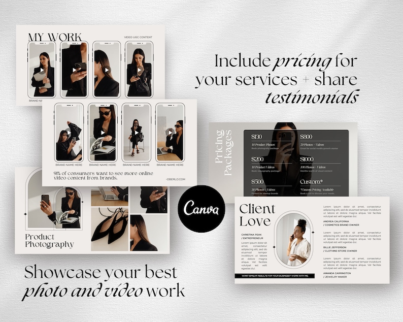 Op de afbeelding: Een Canva-sjabloon voor een social media-post om fotografie- en videografie-diensten te promoten. Het sjabloon heeft een zwart-wit kleurenschema met een modern ontwerp. De tekst op het sjabloon omvat "Mijn werk", "Productfotografie", "Toon je beste foto- en videowerk", "Prijspakketten", "Klantliefde" en getuigenissen van tevreden klanten.