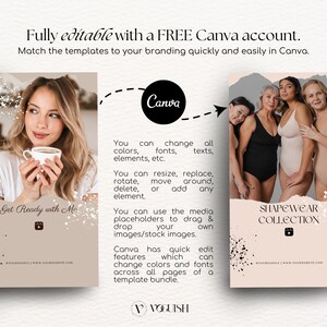 Pu&ograve; includere: Tre modelli di social media per un marchio di shapewear. I modelli sono rosa e beige con accenti neri e bianchi. Il testo sui modelli recita "Get Ready with Me", "Shapewear Collection" e "Puoi cambiare tutti i colori, i font, i testi, gli elementi, ecc."