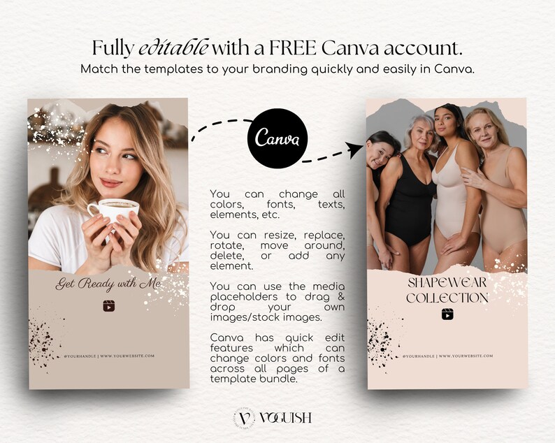 Pu&ograve; includere: Tre modelli di social media per un marchio di shapewear. I modelli sono rosa e beige con accenti neri e bianchi. Il testo sui modelli recita "Get Ready with Me", "Shapewear Collection" e "Puoi cambiare tutti i colori, i font, i testi, gli elementi, ecc."