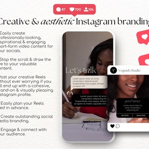 May include: A phone screen displaying a social media post with the text "Let's talk" and "good news". The post is about creating engaging short-form video content for social media. The post also includes a call to action to "accept" or "decline".