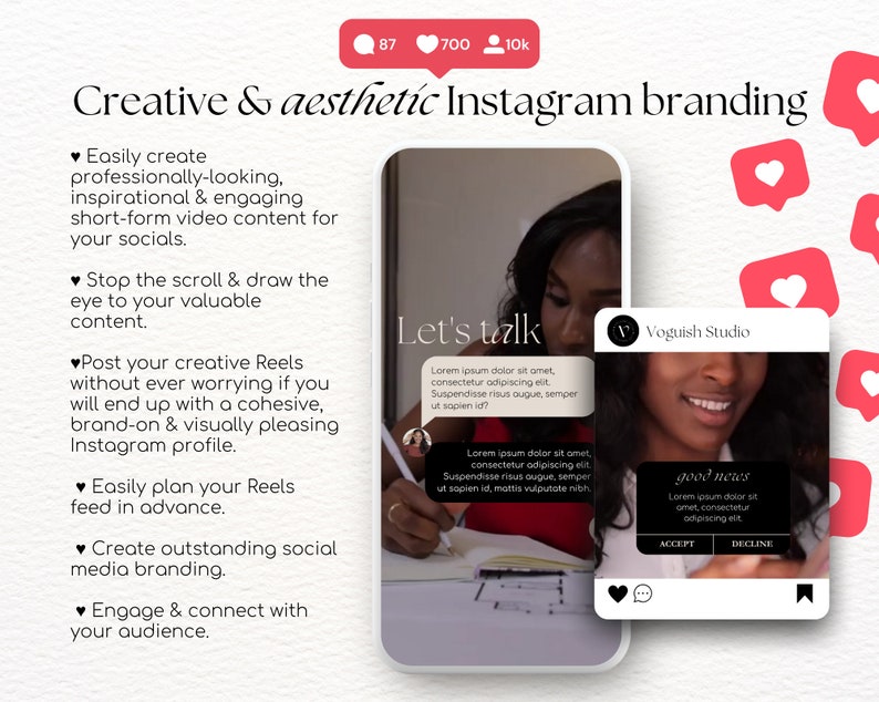 May include: A phone screen displaying a social media post with the text "Let's talk" and "good news". The post is about creating engaging short-form video content for social media. The post also includes a call to action to "accept" or "decline".
