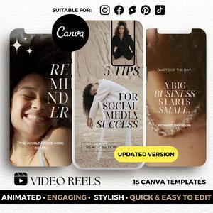 May include: A set of 15 Canva templates for video reels. The templates feature a quote of the day, "A big business starts small." by Richard Branson, and tips for social media success. The templates are animated, engaging, stylish, and easy to edit.