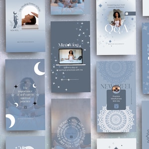 May include: A collection of social media graphics in shades of blue and white, featuring text and illustrations related to spirituality and wellness. The graphics include phrases like "Mini Vlog," "Q&A," and "The Healing Power of Reiki."