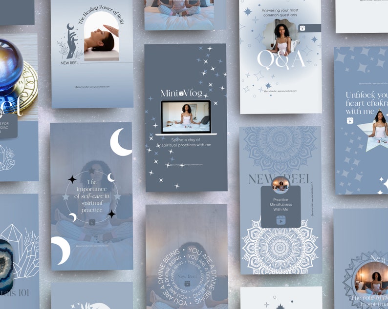 May include: A collection of social media graphics in shades of blue and white, featuring text and illustrations related to spirituality and wellness. The graphics include phrases like "Mini Vlog," "Q&A," and "The Healing Power of Reiki."