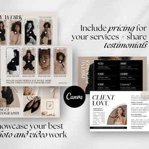 May include: A Canva template for a business website or social media page. The template features a beige background with black text and images. The text includes "My Work", "Product Photography", "Showcase your best photo and video work", "Include pricing for your services + share testimonials", "Pricing Packages", "Client Love", and "91% of consumers want to see more online video content from brands". The images include a woman in a blazer, a pair of black heels, and a bird in a cage.