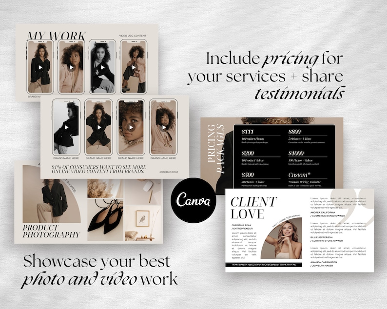 May include: A Canva template for a business website or social media page. The template features a beige background with black text and images. The text includes "My Work", "Product Photography", "Showcase your best photo and video work", "Include pricing for your services + share testimonials", "Pricing Packages", "Client Love", and "91% of consumers want to see more online video content from brands". The images include a woman in a blazer, a pair of black heels, and a bird in a cage.