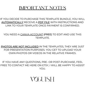 May include: A white background with black text that reads "IMPORTANT NOTES." The text explains the purchase process, including receiving a PDF file, needing a Canva account, and that photos are not included. The VOGUISH logo is at the bottom.