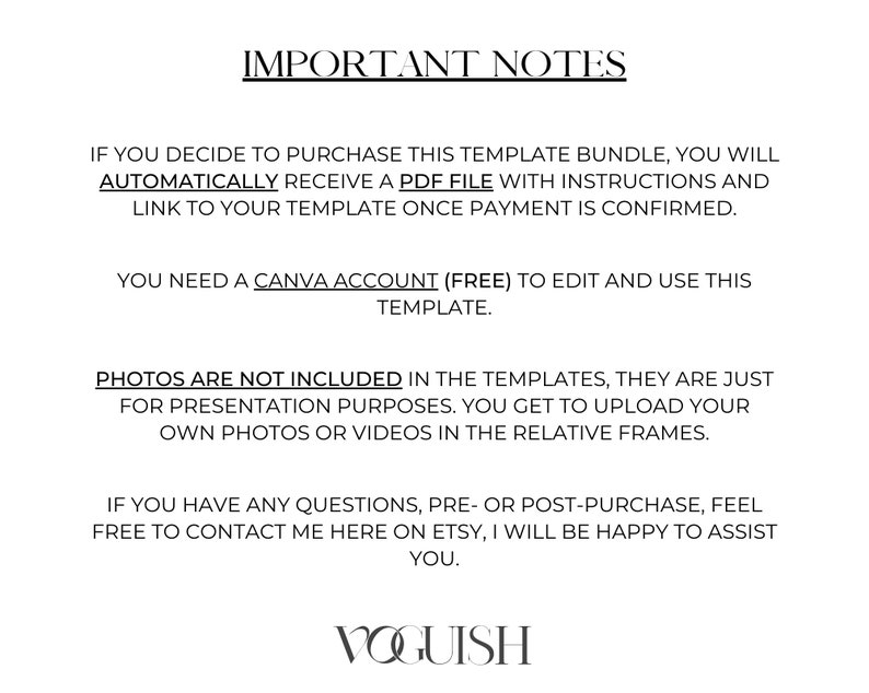 May include: A white background with black text that reads "IMPORTANT NOTES." The text explains the purchase process, including receiving a PDF file, needing a Canva account, and that photos are not included. The VOGUISH logo is at the bottom.