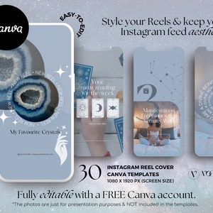 May include: A light blue graphic featuring Canva templates for Instagram Reels. The design includes text such as "My Favourite Crystals" and "Manifestation Techniques that Actually Work." The image also displays the text "30 Instagram Reel Cover Canva Templates."