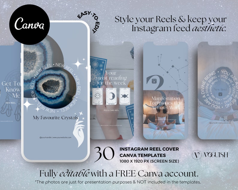 May include: A light blue graphic featuring Canva templates for Instagram Reels. The design includes text such as "My Favourite Crystals" and "Manifestation Techniques that Actually Work." The image also displays the text "30 Instagram Reel Cover Canva Templates."