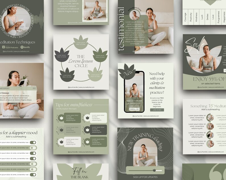 Puede incluir: Una colecci&oacute;n de publicaciones en redes sociales con un dise&ntilde;o consistente. Las publicaciones presentan a una mujer en varias posturas de yoga, con superposiciones de texto que promocionan t&eacute;cnicas de meditaci&oacute;n, consejos de atenci&oacute;n plena y un nuevo episodio de podcast. La combinaci&oacute;n de colores es principalmente verde y blanco.