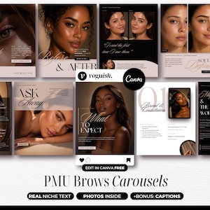 Brow Tech Instagram Carousel Templates, Microblading PMU Canva Post Templates, Editorial Beauty Salon Content, Luxury Social Media Branding