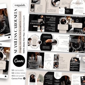 Könnte beinhalten: Eine Sammlung von Social-Media-Karussellvorlagen in Schwarz, Weiß und Beige. Die Vorlagen enthalten Text und Bilder, mit dem Canva-Logo und dem Text "SEAMLESS CAROUSELS" und "Business Coach". Die Vorlagen sind für Social Media konzipiert.