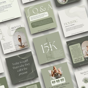 Puede incluir: Una colecci&oacute;n de publicaciones cuadradas para redes sociales en tonos verdes y blancos. Las publicaciones presentan texto, gr&aacute;ficos e im&aacute;genes relacionadas con el yoga, el bienestar y el estilo de vida. Algunas publicaciones incluyen frases como "Q&A", "About Us".
