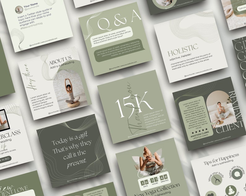Puede incluir: Una colecci&oacute;n de publicaciones cuadradas para redes sociales en tonos verdes y blancos. Las publicaciones presentan texto, gr&aacute;ficos e im&aacute;genes relacionadas con el yoga, el bienestar y el estilo de vida. Algunas publicaciones incluyen frases como "Q&A", "About Us".