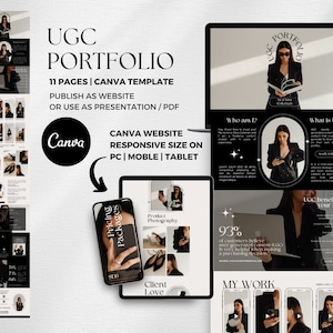 Op de afbeelding: Een Canva-sjabloon voor een website of presentatieportfolio. Het sjabloon heeft een zwart-wit kleurenschema met een modern ontwerp. De tekst op het sjabloon luidt: "UGC Portfolio", "Canva Website Responsive Size on PC | Mobile | Tablet", "Wie ben ik?", "Wat is UGC?", "Prijspakketten", "Productfotografie", "Klantliefde", "Mijn werk", "93% van de klanten gelooft dat door gebruikers gegenereerde content erg nuttig is bij het nemen van een aankoopbeslissing" en "UGC-voordelen voor uw merk".