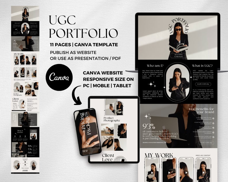 Op de afbeelding: Een Canva-sjabloon voor een website of presentatieportfolio. Het sjabloon heeft een zwart-wit kleurenschema met een modern ontwerp. De tekst op het sjabloon luidt: "UGC Portfolio", "Canva Website Responsive Size on PC | Mobile | Tablet", "Wie ben ik?", "Wat is UGC?", "Prijspakketten", "Productfotografie", "Klantliefde", "Mijn werk", "93% van de klanten gelooft dat door gebruikers gegenereerde content erg nuttig is bij het nemen van een aankoopbeslissing" en "UGC-voordelen voor uw merk".