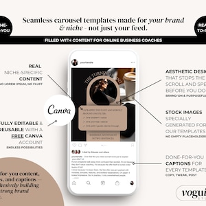 May include: A smartphone displays a carousel template with the text "Seamless carousel templates made for your brand & niche." The image highlights features like niche-specific content, aesthetic design, and Canva integration. The template is designed for online business coaches.