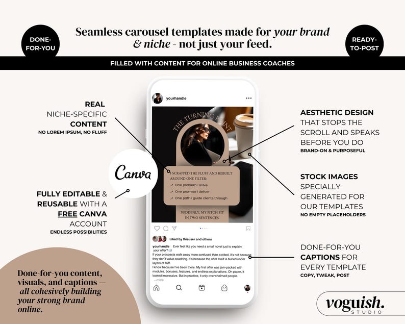 May include: A smartphone displays a carousel template with the text "Seamless carousel templates made for your brand & niche." The image highlights features like niche-specific content, aesthetic design, and Canva integration. The template is designed for online business coaches.