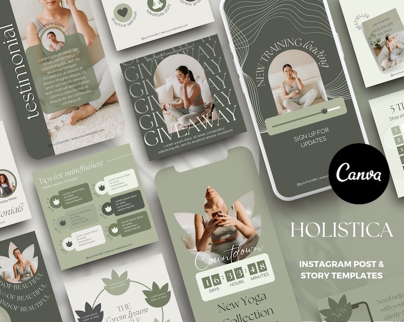 Puede incluir: Un conjunto de plantillas para publicaciones e historias de Instagram en tonos verdes y blancos. Las plantillas presentan im&aacute;genes de una mujer en posturas de yoga, superposiciones de texto y elementos de dise&ntilde;o. La palabra "HOLISTICA" se muestra de forma destacada.