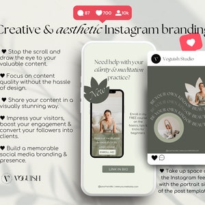 Puede incluir: Un anuncio de branding para Instagram, con un smartphone y una plantilla de publicaci&oacute;n de Instagram. El dise&ntilde;o incluye una mujer en pose de meditaci&oacute;n y texto que promueve la calidad del contenido. El texto dice "Creative & aesthetic Instagram branding".