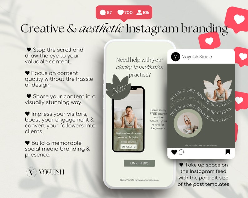 Puede incluir: Un anuncio de branding para Instagram, con un smartphone y una plantilla de publicaci&oacute;n de Instagram. El dise&ntilde;o incluye una mujer en pose de meditaci&oacute;n y texto que promueve la calidad del contenido. El texto dice "Creative & aesthetic Instagram branding".