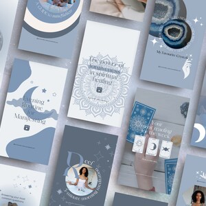 May include: A collection of light blue and white social media templates with text about spirituality, mindfulness, and tarot readings. The templates feature celestial graphics, including moons, stars, and crystals, with the text "Full Moon Ritual Reef" and "Evening Routine for Manifesting."