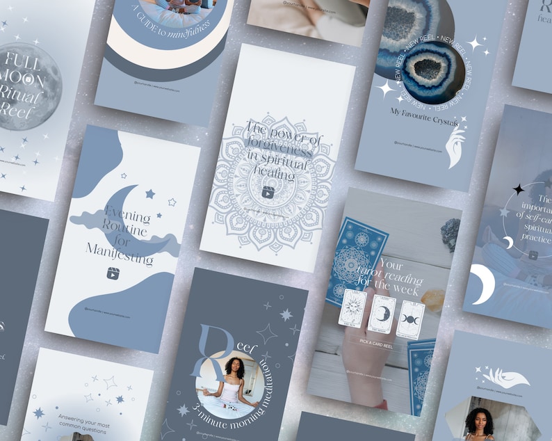 May include: A collection of light blue and white social media templates with text about spirituality, mindfulness, and tarot readings. The templates feature celestial graphics, including moons, stars, and crystals, with the text "Full Moon Ritual Reef" and "Evening Routine for Manifesting."