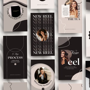 May include: A collection of social media post templates featuring black and white abstract shapes, text, and images of people. The text includes "New Reel", "Task Management Tips", "3-Step Process", "Mini Vlog: Workday", "Spilling the Tea", and "What are the 5 most common business mistakes".