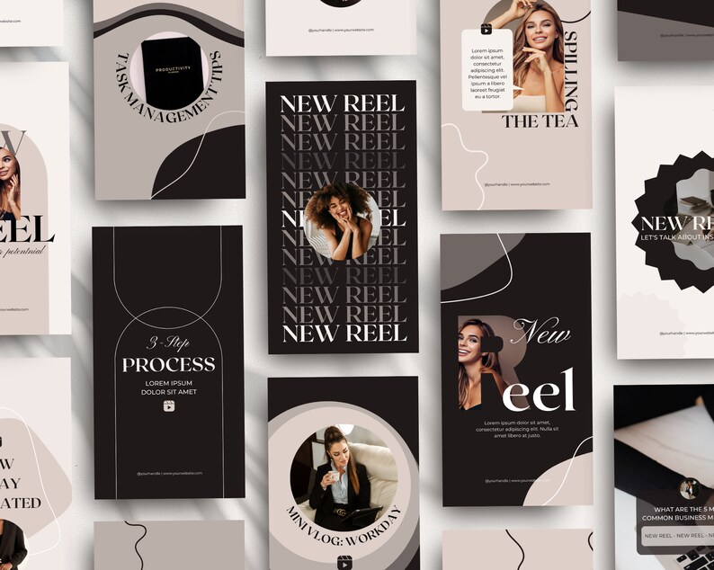 May include: A collection of social media post templates featuring black and white abstract shapes, text, and images of people. The text includes "New Reel", "Task Management Tips", "3-Step Process", "Mini Vlog: Workday", "Spilling the Tea", and "What are the 5 most common business mistakes".