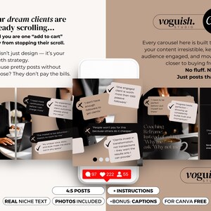 May include: A digital marketing template with a phone mockup displaying social media posts. The design features text overlays with quotes and a neutral color palette. The image includes the text "voguish. studio" and "Canva".