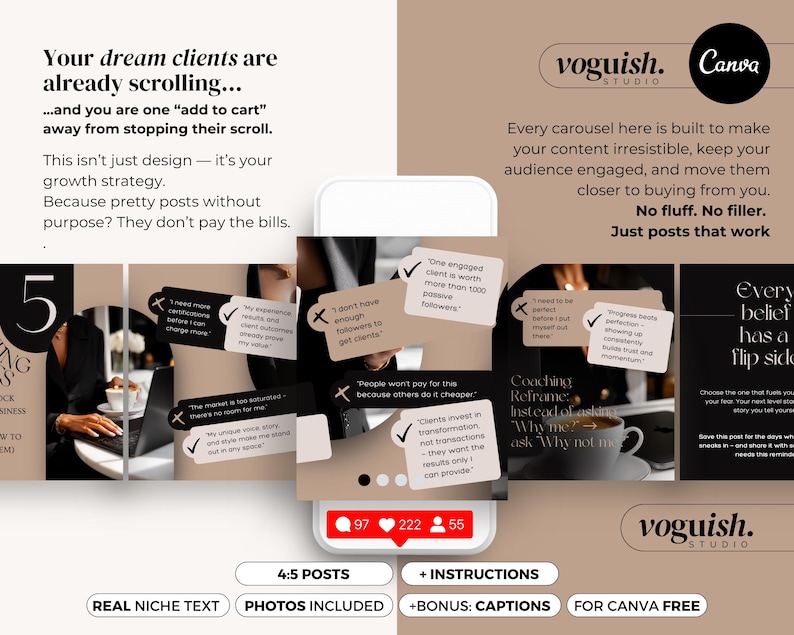 May include: A digital marketing template with a phone mockup displaying social media posts. The design features text overlays with quotes and a neutral color palette. The image includes the text "voguish. studio" and "Canva".