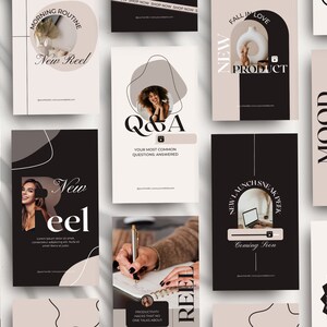 May include: A collection of social media post templates featuring black and beige color schemes with abstract shapes and text overlays. The text includes "Morning Routine", "New Reel", "Q&A", "New Launch Sneak Peek", "Mood", "New Product", "New Reel", and "Productivity Hacks".