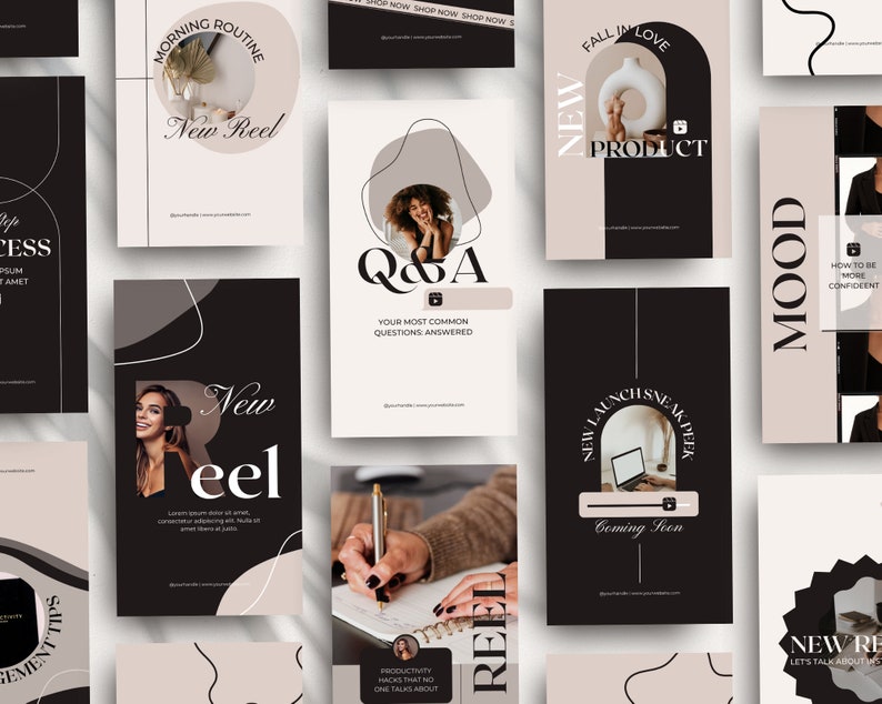 May include: A collection of social media post templates featuring black and beige color schemes with abstract shapes and text overlays. The text includes "Morning Routine", "New Reel", "Q&A", "New Launch Sneak Peek", "Mood", "New Product", "New Reel", and "Productivity Hacks".