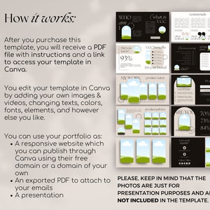 May include: A digital template for a portfolio or website. The template features a black and white color scheme with a green and blue landscape design. The text "How it works" is at the top of the image. The text "PLEASE, KEEP IN MIND THAT THE PHOTOS ARE JUST FOR PRESENTATION PURPOSES AND ARE NOT INCLUDED IN THE TEMPLATE." is at the bottom of the image.