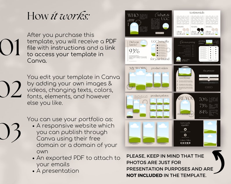 May include: A digital template for a portfolio or website. The template features a black and white color scheme with a green and blue landscape design. The text "How it works" is at the top of the image. The text "PLEASE, KEEP IN MIND THAT THE PHOTOS ARE JUST FOR PRESENTATION PURPOSES AND ARE NOT INCLUDED IN THE TEMPLATE." is at the bottom of the image.