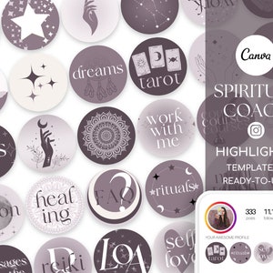 Può includere: Copertine per le storie di Instagram di colore viola e bianco con vari temi spirituali e di cura di sé, tra cui tarocchi, rituali, amore per se stessi, guarigione e fasi lunari. Il testo "SPIRITUAL COACH" è in evidenza in un grande font nella parte superiore dell'immagine.