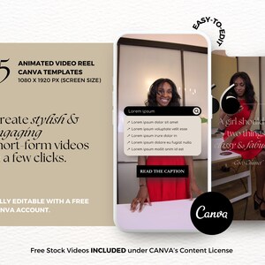 May include: A set of 15 animated video reel Canva templates for creating stylish and engaging short-form videos. The templates are fully editable with a free Canva account. The image shows two examples of the templates, one with a woman in a red dress and the other with a woman in a red dress and a quote by Coco Chanel: "A girl should be two things: classy & fabulous."