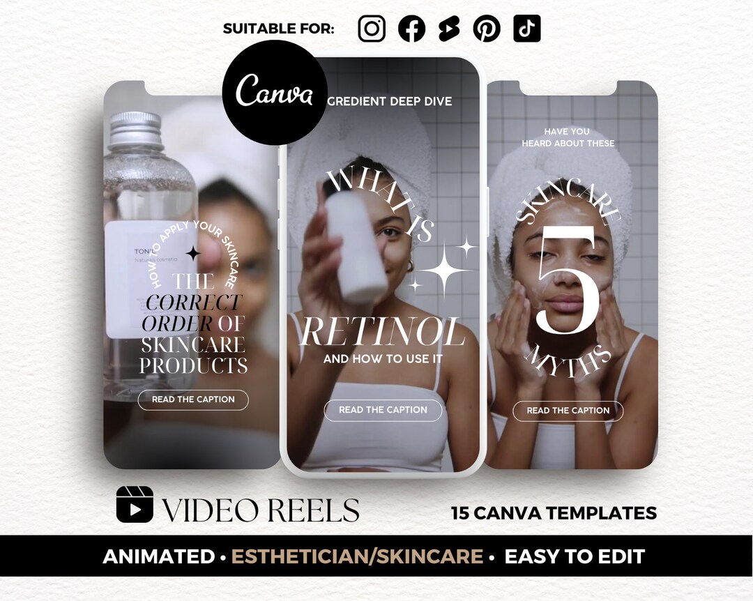 Skincare Video Reel Templates Canva, Esthetician Reel Covers, Canva Instagram Video