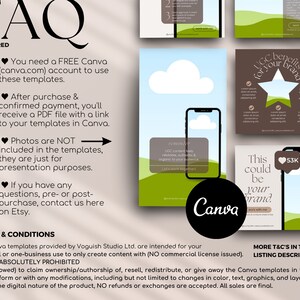 May include: A graphic with the text "FAQ Answered" and a list of frequently asked questions about Canva templates. The graphic also includes a green and brown illustration of a star with the text "UGC benefits for your brand".