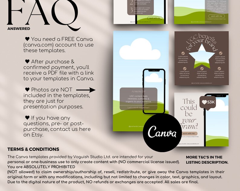 May include: A graphic with the text "FAQ Answered" and a list of frequently asked questions about Canva templates. The graphic also includes a green and brown illustration of a star with the text "UGC benefits for your brand".