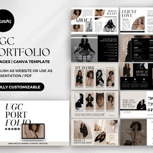 May include: A Canva template for an UGC portfolio website or presentation. The template features a minimalist design with black and white text on a beige background. The template includes sections for about, my work, pricing packages, how it works, and product photography. The template is fully customizable.