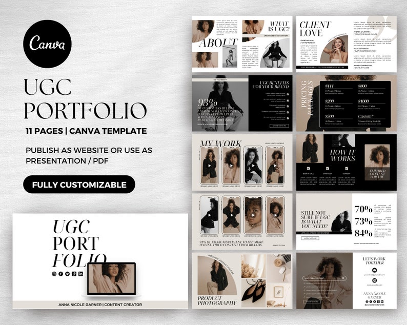 May include: A Canva template for an UGC portfolio website or presentation. The template features a minimalist design with black and white text on a beige background. The template includes sections for about, my work, pricing packages, how it works, and product photography. The template is fully customizable.