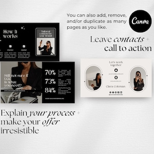 Op de afbeelding: Een zwart-witte grafische ontwerptemplate voor een social media-post. De template heeft een zwarte achtergrond met witte tekst en afbeeldingen. De tekst bevat "Hoe het werkt", "Op maat gemaakte content voor jouw merk", "Weet je nog steeds niet zeker of UGC is wat je nodig hebt?", "70%", "73%", "84%", "Leg je proces uit + maak je aanbod onweerstaanbaar", "Laten we samenwerken", "Clara Coleman", en "Laat contactgegevens achter + een call to action". De afbeeldingen bevatten een vrouw die een selfie maakt en een vrouw die aan een laptop werkt.