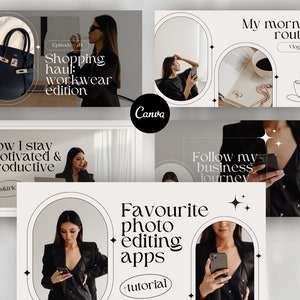 May include: A collage of images with text overlays. The images feature a woman in a black blazer using a phone, a cup of coffee, and a black handbag. The text includes "Shopping haul: workwear edition", "How I stay motivated & productive", "Follow my business journey", "Favourite photo editing apps", "My morning routine", and "Vlog #13".